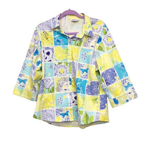 All Hours VTG 80s Floral Floral Blouse Button Up Shirt 90s XL 3/4 Roll Tab